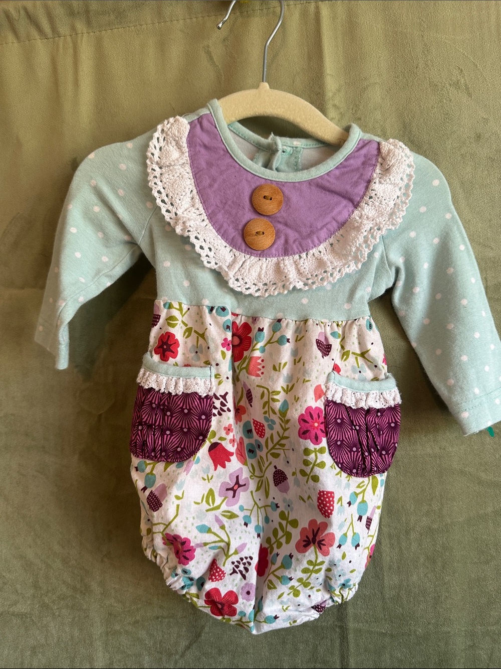 #952 Mint & Purple Floral Baby One-Piece Romper with Lace Trim handmade
